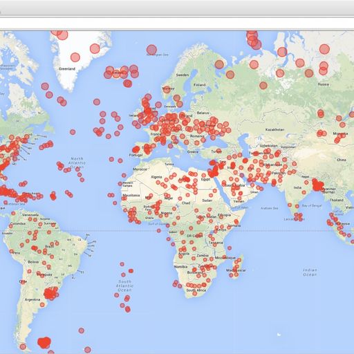 Browser window showing Google Maps zoomed all the way out with hundreds of large red dots all over the planet.
