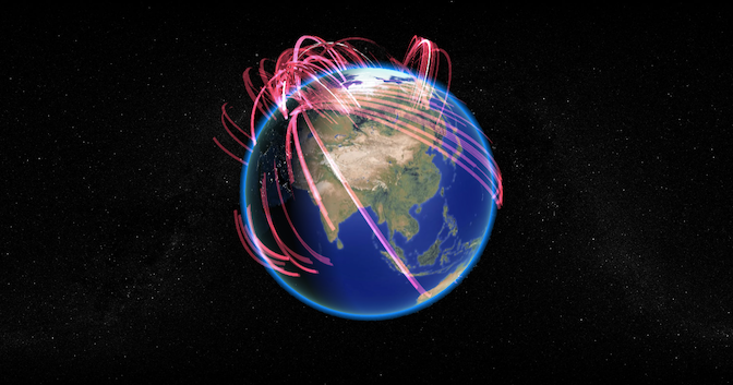 Computer-generated image of Earth with exaggerated red missile trajectories overlayed.