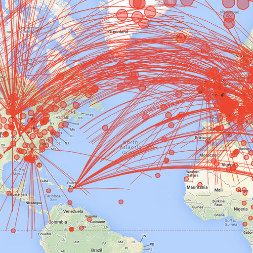 Browser window showing Google Maps obscured by hundreds of red geodesic lines
