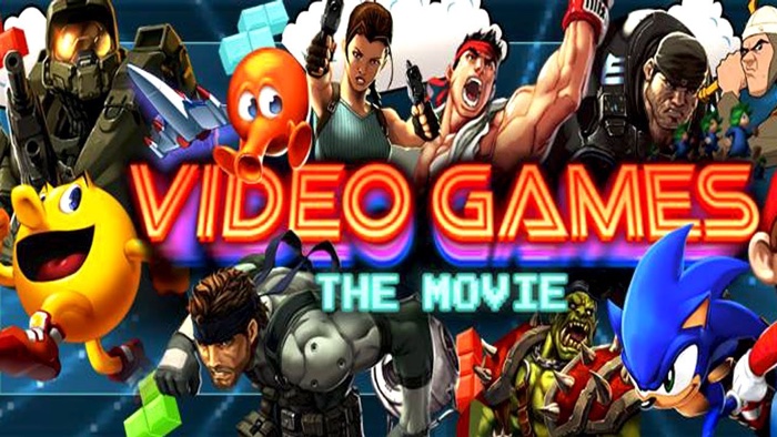 The promotional image for Video Games: The Movie, featuring many famous characters from Pac Man to Master Chief.
