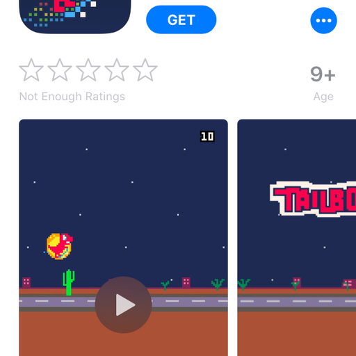 App Store screenshot showing a game called Tailbone and several screenshots and demo videos.