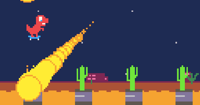 Screenshot of the game with the dinosaur jumping over a meteor which is incinerating a cactus below. Most of the road has been destroyed by meteors and is now lava. Three cactuses lie ahead between the lava.
