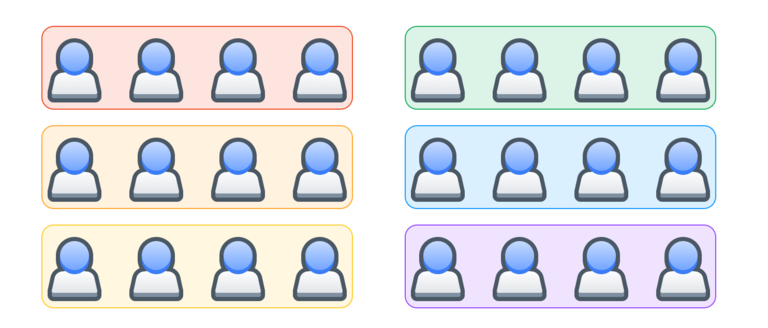 
24 faceless blue humanoids arranged in three rows and two columns.
Each set of four is enclosed in a box representing a squad.