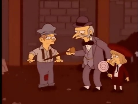 Mr. Burns and his father in a sepia-filtered scene where they confront a worker.