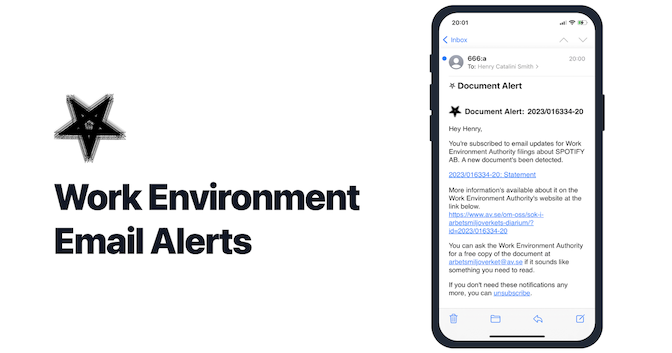 Pentagram logo on the left above the words "Work Environment Email Alerts". Image of an iPhone on the right with an example email alert open.
