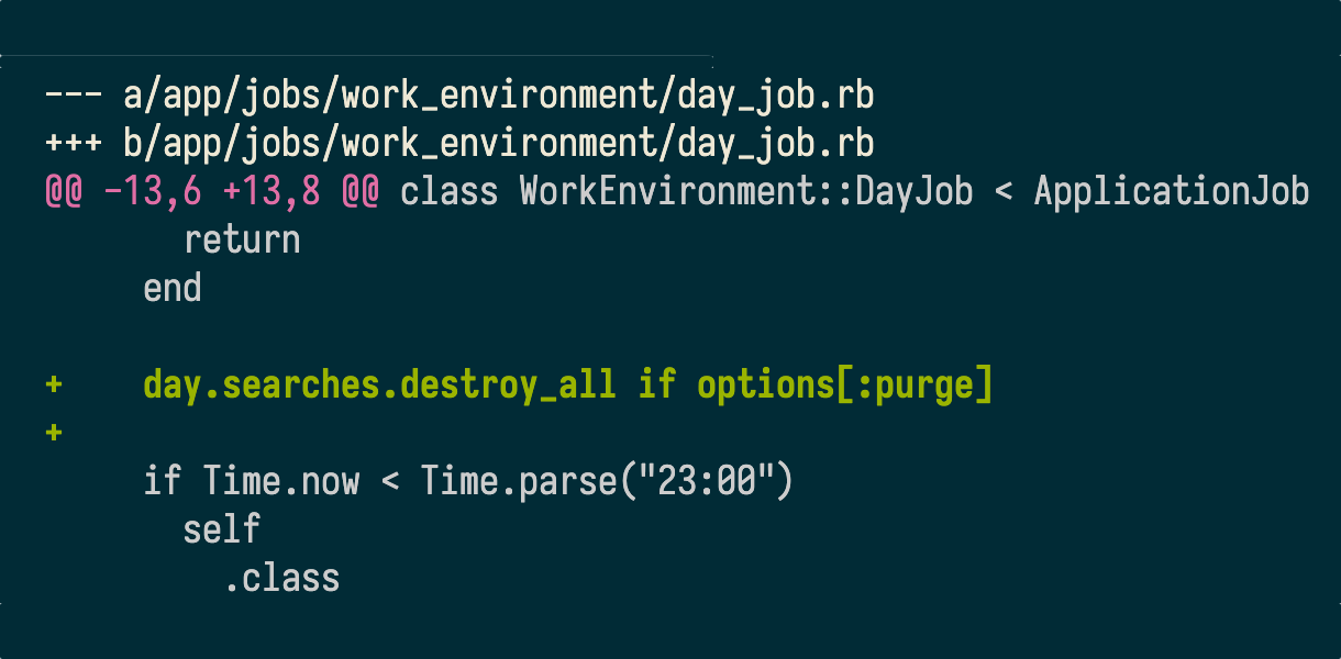Version control diff showing the addition of a line that reads “day.searches.destroy_all if options[:purge]” in a file called “app/jobs/work_environment/day_job.rb”